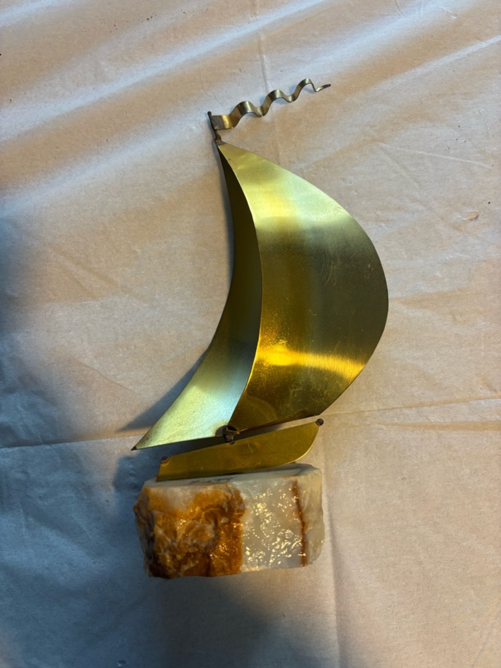 1970s Vintage Signed Demott Sailboat Sculpture Brass on Quartz Base Brutalist